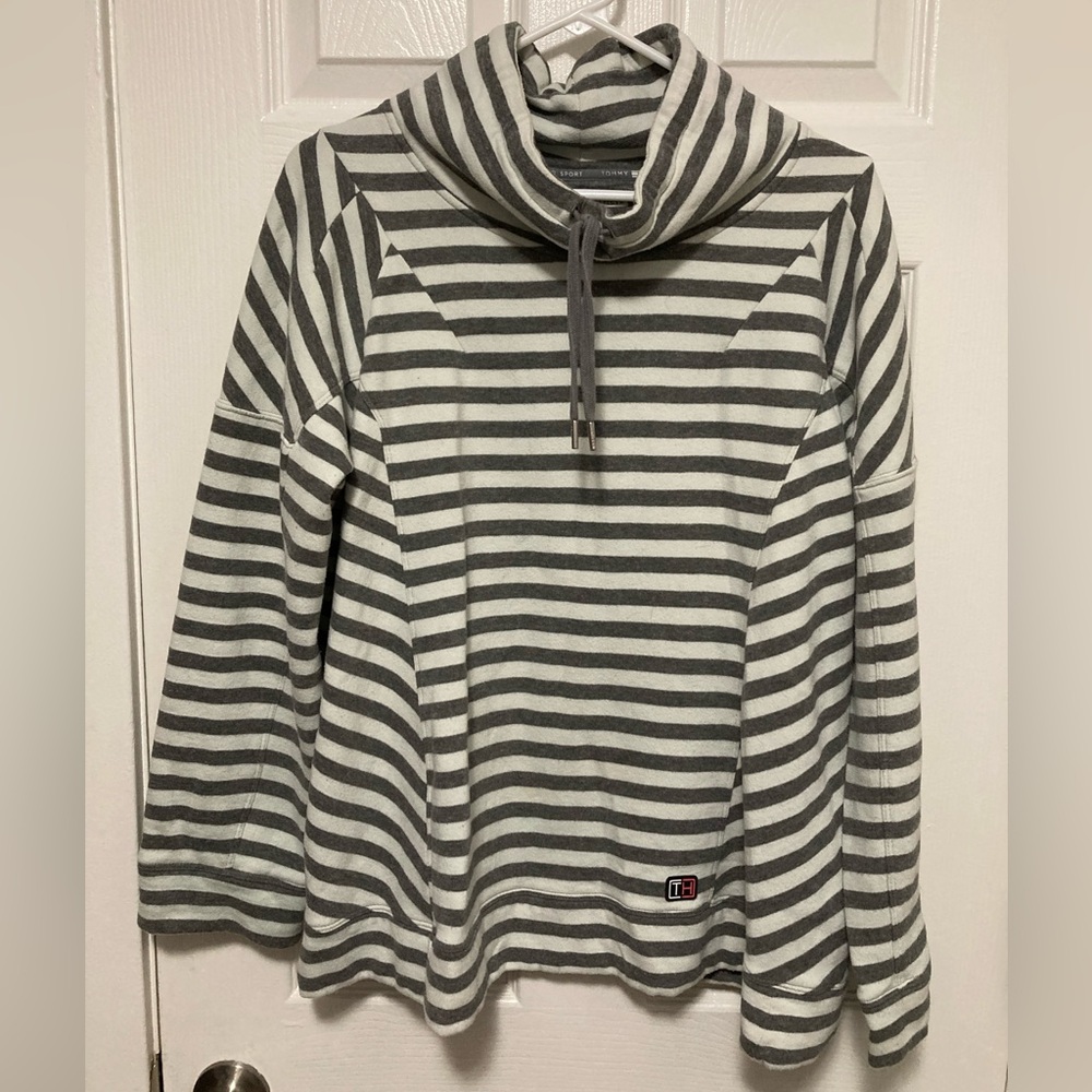 Tommy Hilfiger Sport Gray & White Striped Funnel Neck Long Sleeve Sweatshirt #C